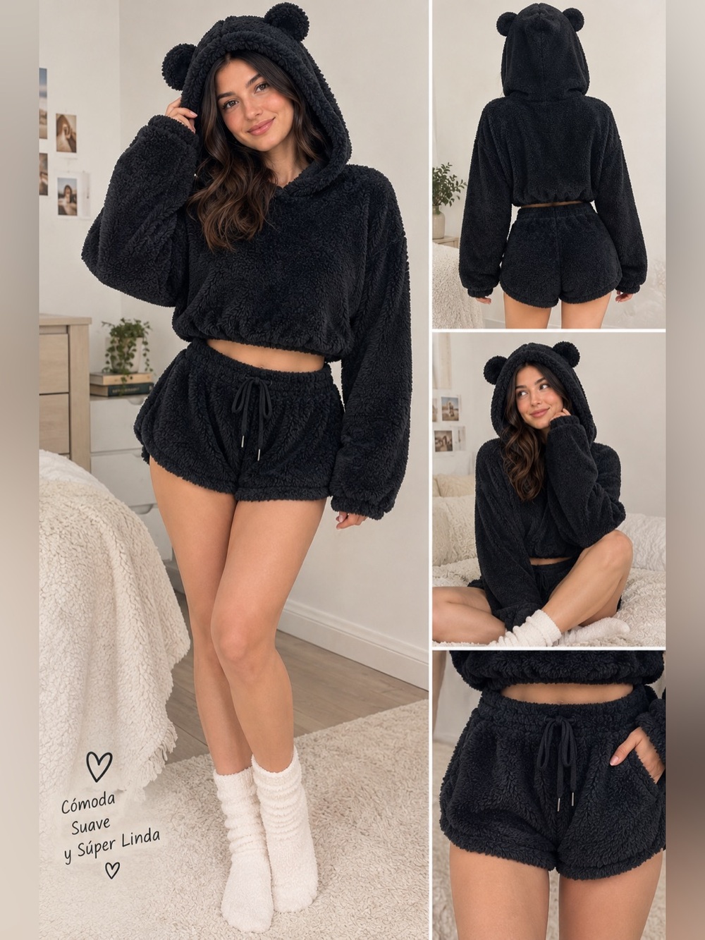 Black Teddy Bear Hoodie & Shorts Set – Size S – New